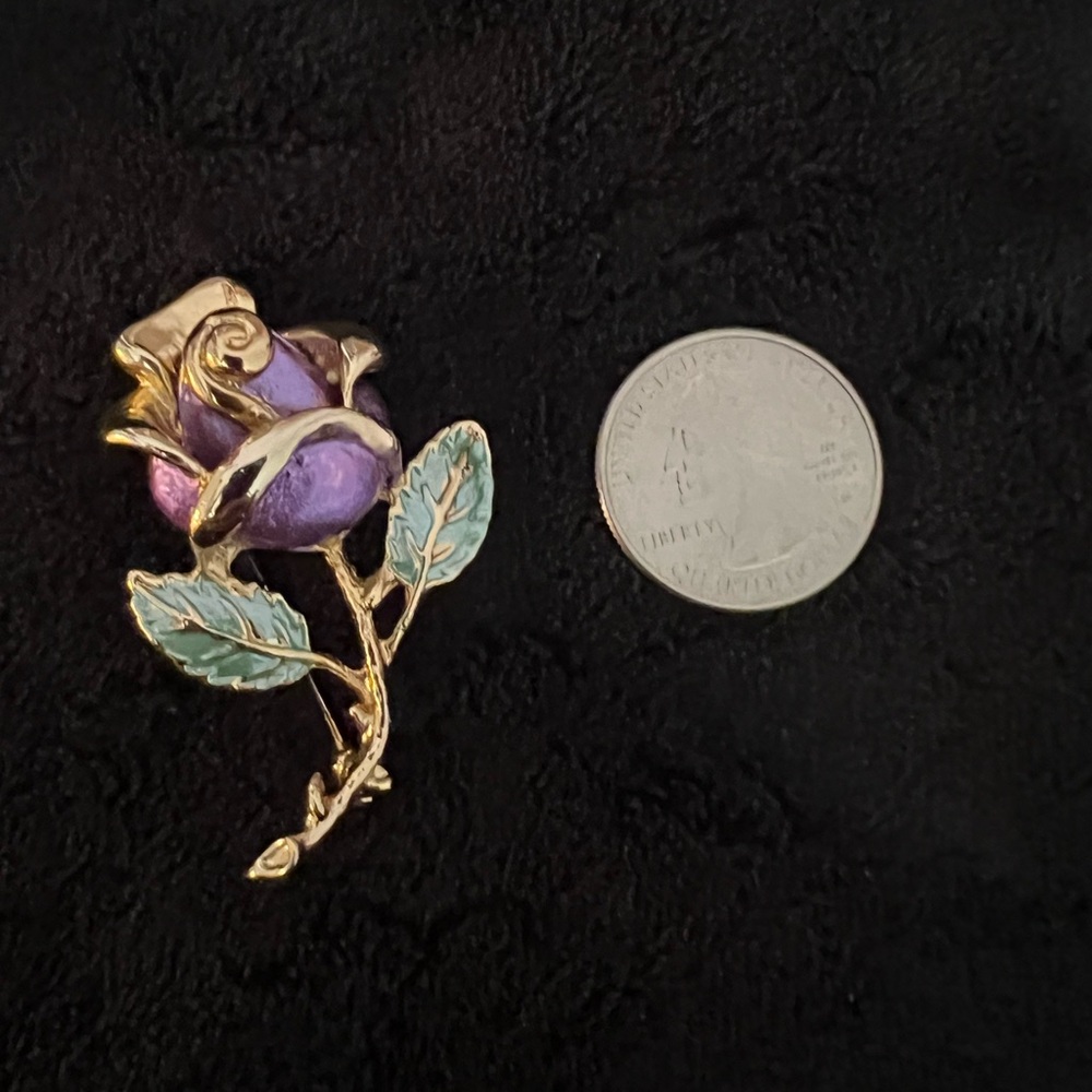 Vintage Purple Green Enamel Rose Flower Brooch - Picture 5 of 6